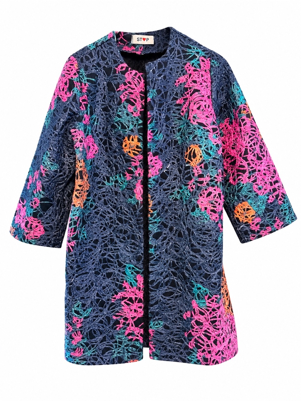 Navy Lace-Overlay Coat with Bright Pink & Teal Accents